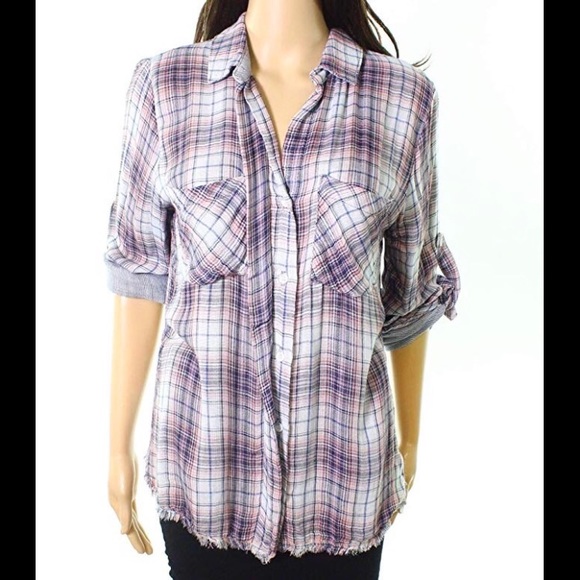 Cloth & Stone Plaid Pink Shirt Raw Hem - Picture 2 of 8